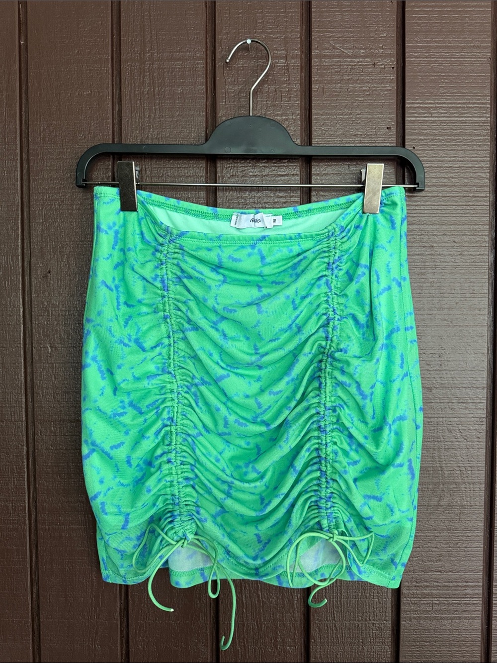 Ruched Green Print Mini Skirt -